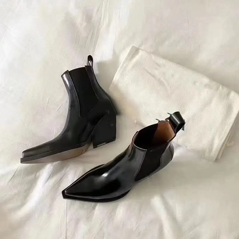 2026 Patent Leather Pointed High-heeled Women's Platform New Versatile Wedge Heel Handsome Fashion Bare Short Boots
