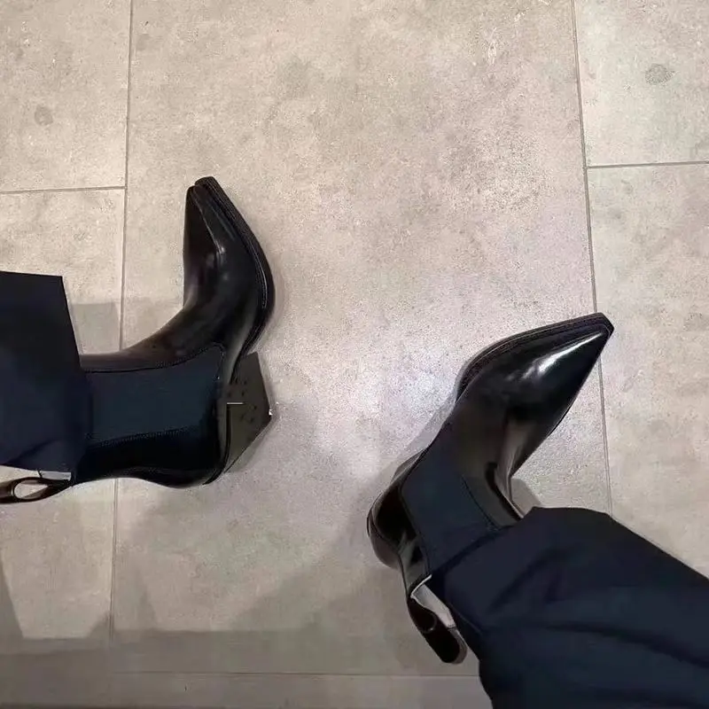 2026 Patent Leather Pointed High-heeled Women's Platform New Versatile Wedge Heel Handsome Fashion Bare Short Boots