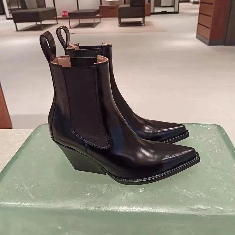 2026 Patent Leather Pointed High-heeled Women's Platform New Versatile Wedge Heel Handsome Fashion Bare Short Boots