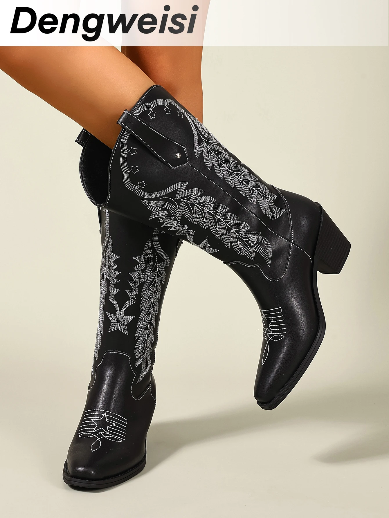 Black Embroidered Western Boots with Chunky Mid-Heel, Square Toe, Bohemian Style, European and American Style, Mid-Calf Boots, Versatile, Elegant, Suitable for Office, Commuting, Daily Wear, Vacation, Fashionable Women's Boots