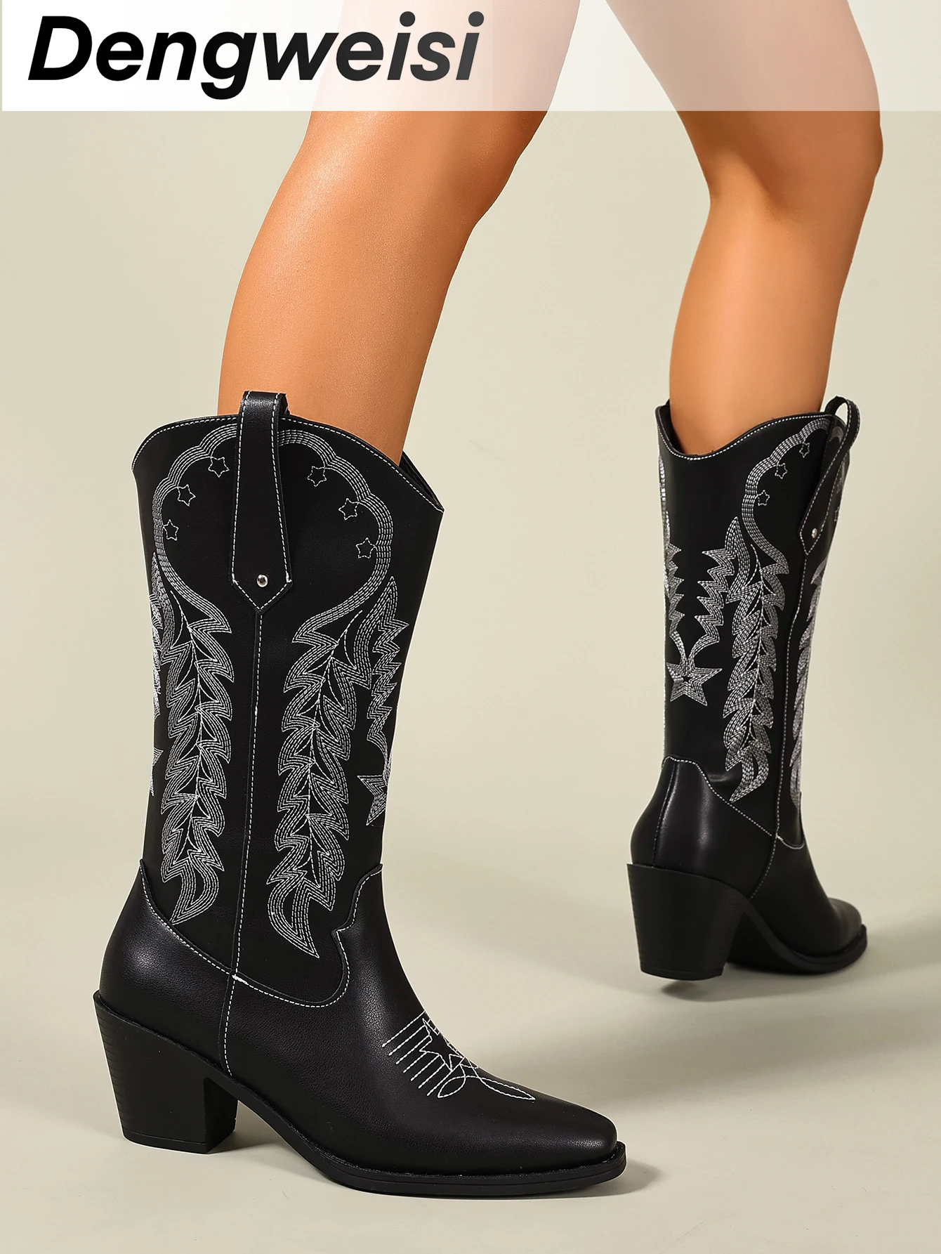 Black Embroidered Western Boots with Chunky Mid-Heel, Square Toe, Bohemian Style, European and American Style, Mid-Calf Boots, Versatile, Elegant, Suitable for Office, Commuting, Daily Wear, Vacation, Fashionable Women's Boots