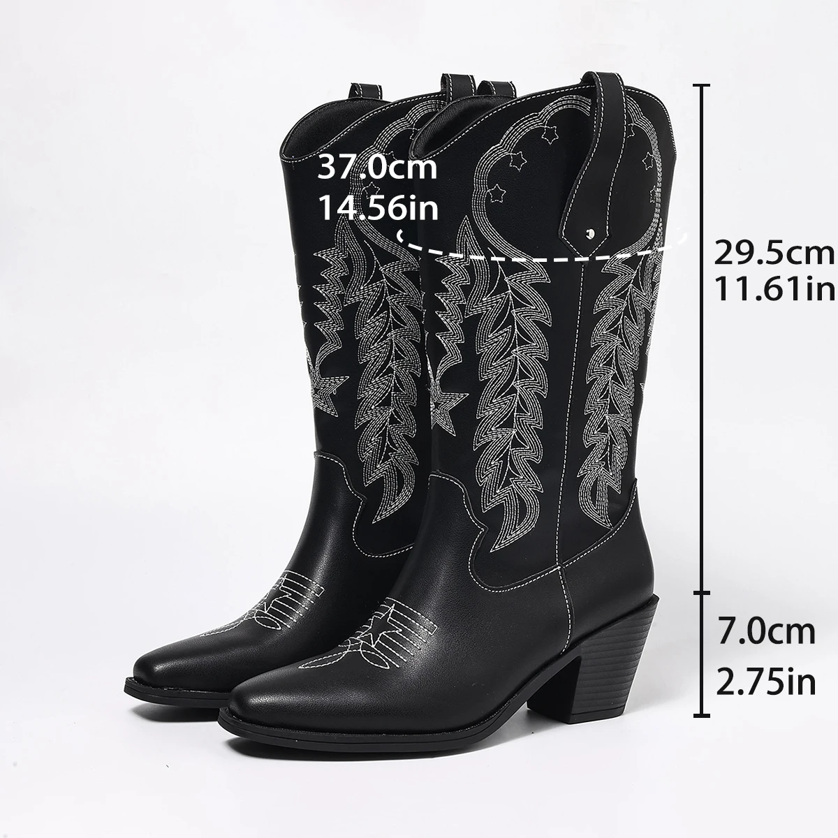 Black Embroidered Western Boots with Chunky Mid-Heel, Square Toe, Bohemian Style, European and American Style, Mid-Calf Boots, Versatile, Elegant, Suitable for Office, Commuting, Daily Wear, Vacation, Fashionable Women's Boots