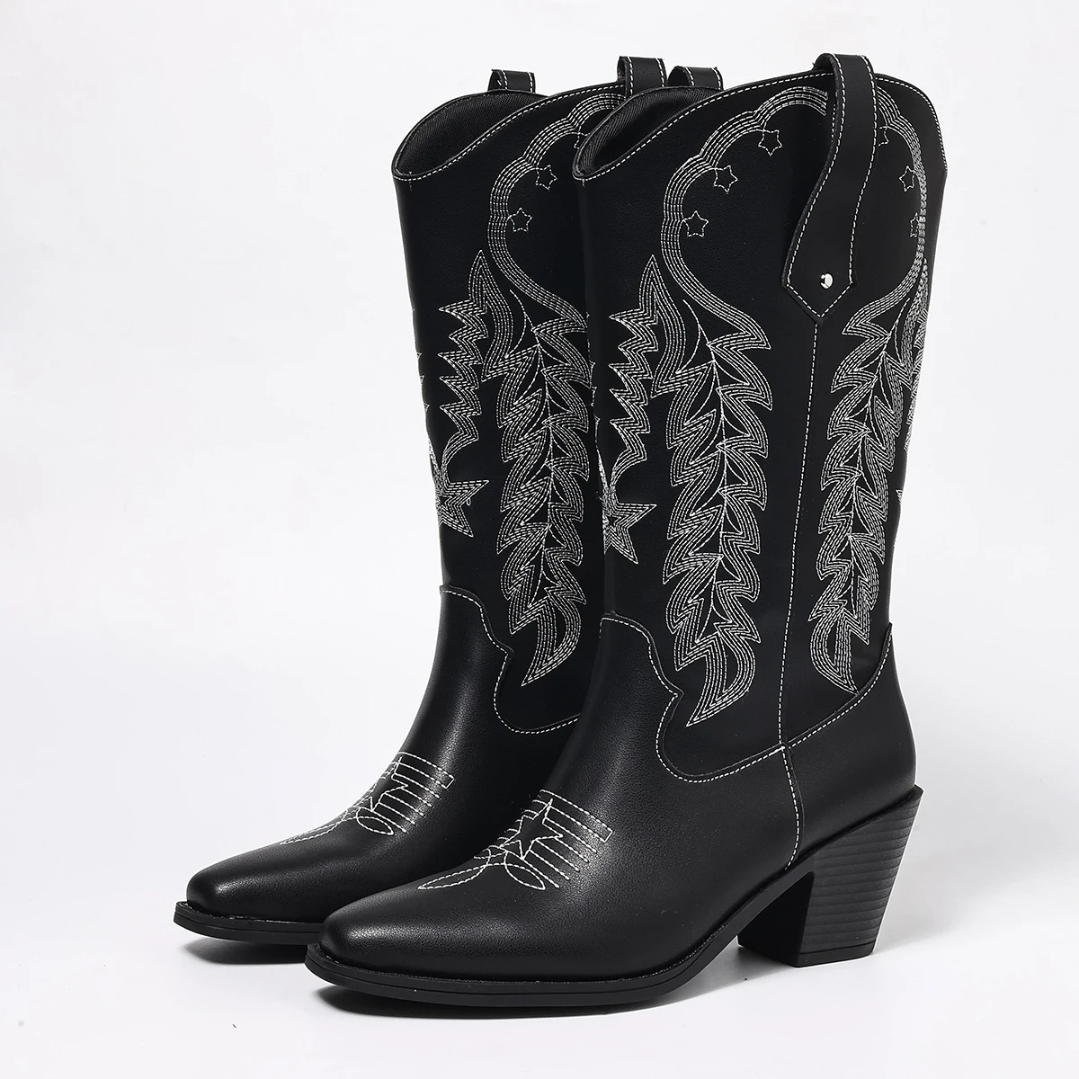 Black Embroidered Western Boots with Chunky Mid-Heel, Square Toe, Bohemian Style, European and American Style, Mid-Calf Boots, Versatile, Elegant, Suitable for Office, Commuting, Daily Wear, Vacation, Fashionable Women's Boots