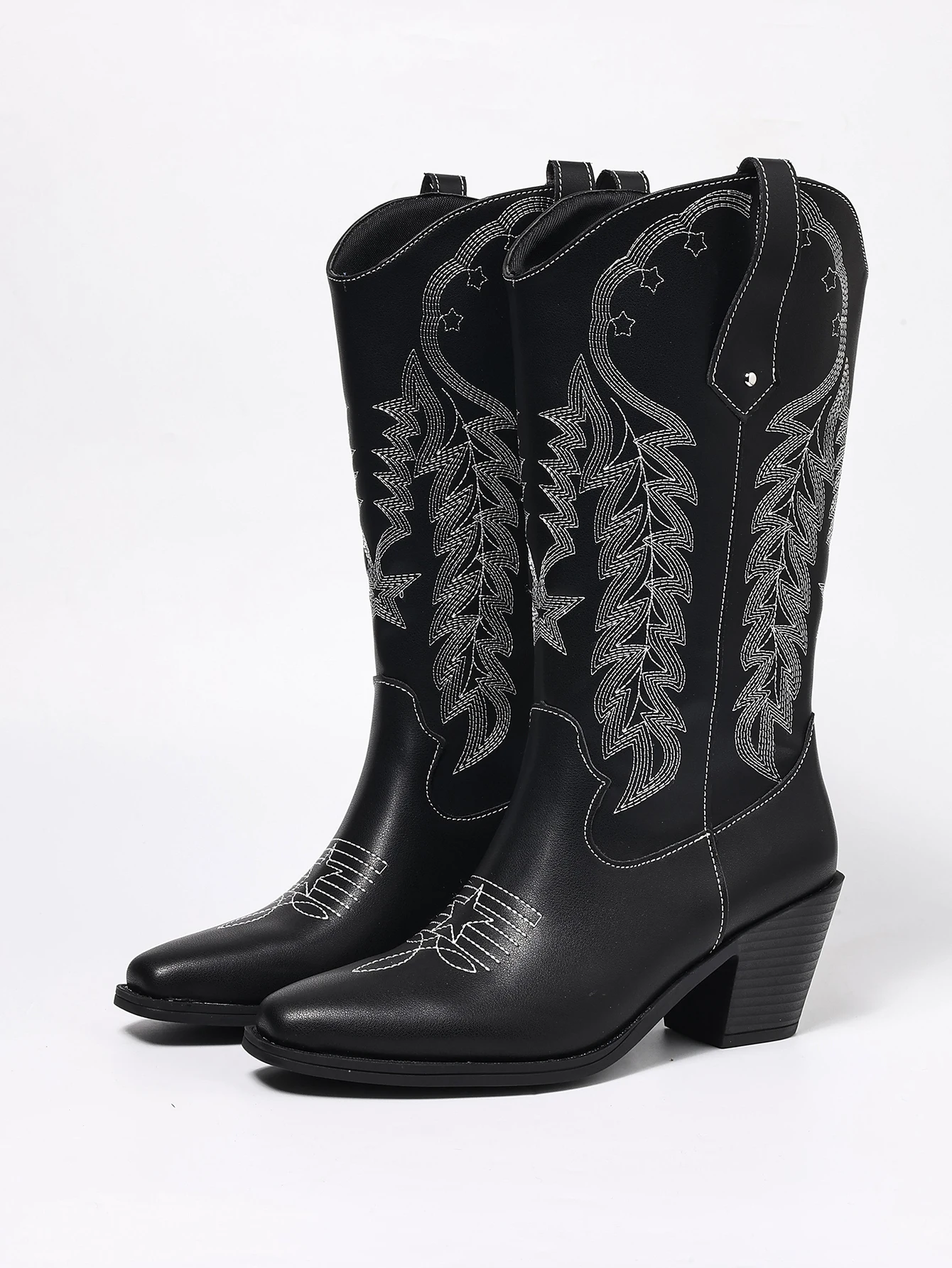 Black Embroidered Western Boots with Chunky Mid-Heel, Square Toe, Bohemian Style, European and American Style, Mid-Calf Boots, Versatile, Elegant, Suitable for Office, Commuting, Daily Wear, Vacation, Fashionable Women's Boots