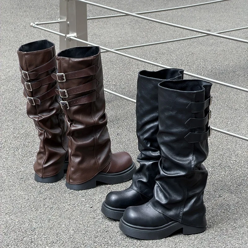 Vintage Platform Thick Sole Women Knee High Boots Fashion Ladies Multi Buckle Leather Long Booties Botas De Inverno Feminina