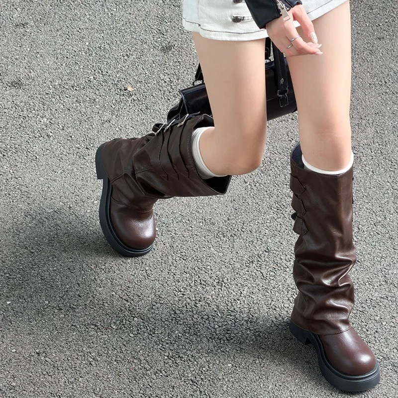 Vintage Platform Thick Sole Women Knee High Boots Fashion Ladies Multi Buckle Leather Long Booties Botas De Inverno Feminina