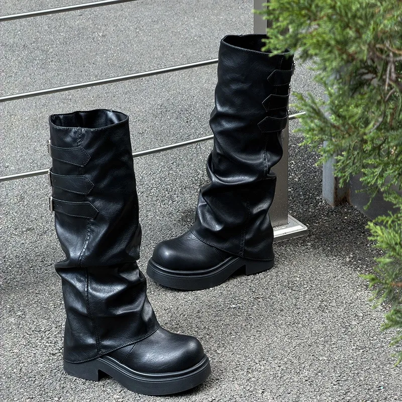 Vintage Platform Thick Sole Women Knee High Boots Fashion Ladies Multi Buckle Leather Long Booties Botas De Inverno Feminina
