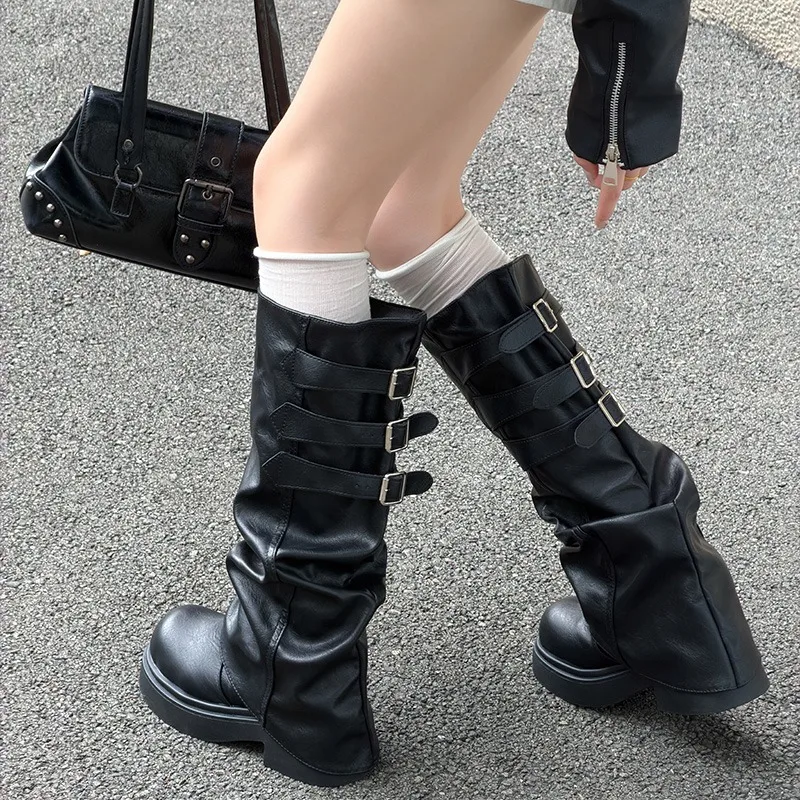 Vintage Platform Thick Sole Women Knee High Boots Fashion Ladies Multi Buckle Leather Long Booties Botas De Inverno Feminina