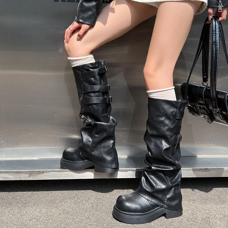 Vintage Platform Thick Sole Women Knee High Boots Fashion Ladies Multi Buckle Leather Long Booties Botas De Inverno Feminina
