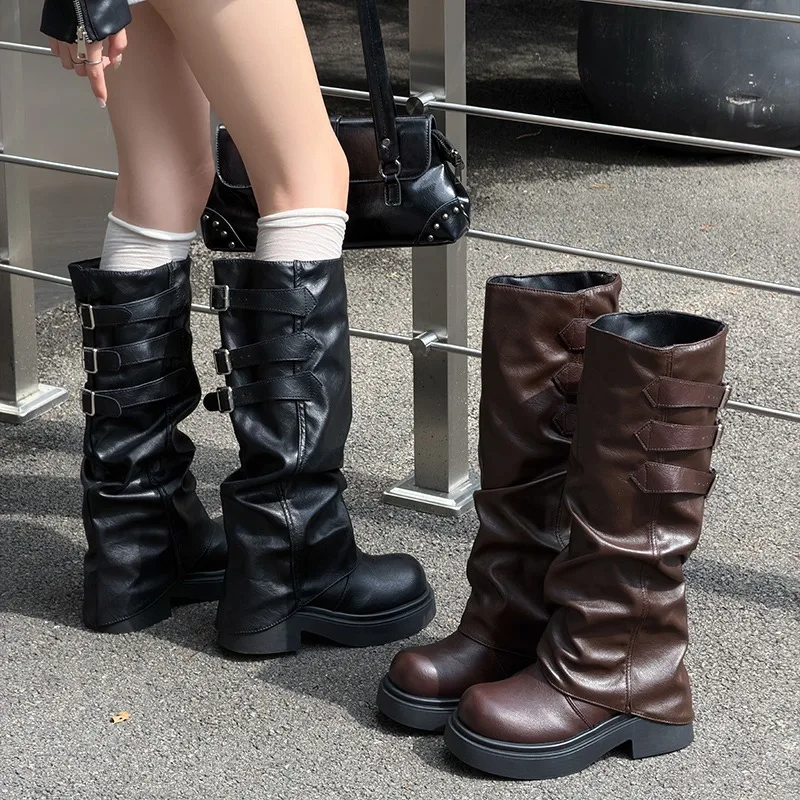Vintage Platform Thick Sole Women Knee High Boots Fashion Ladies Multi Buckle Leather Long Booties Botas De Inverno Feminina