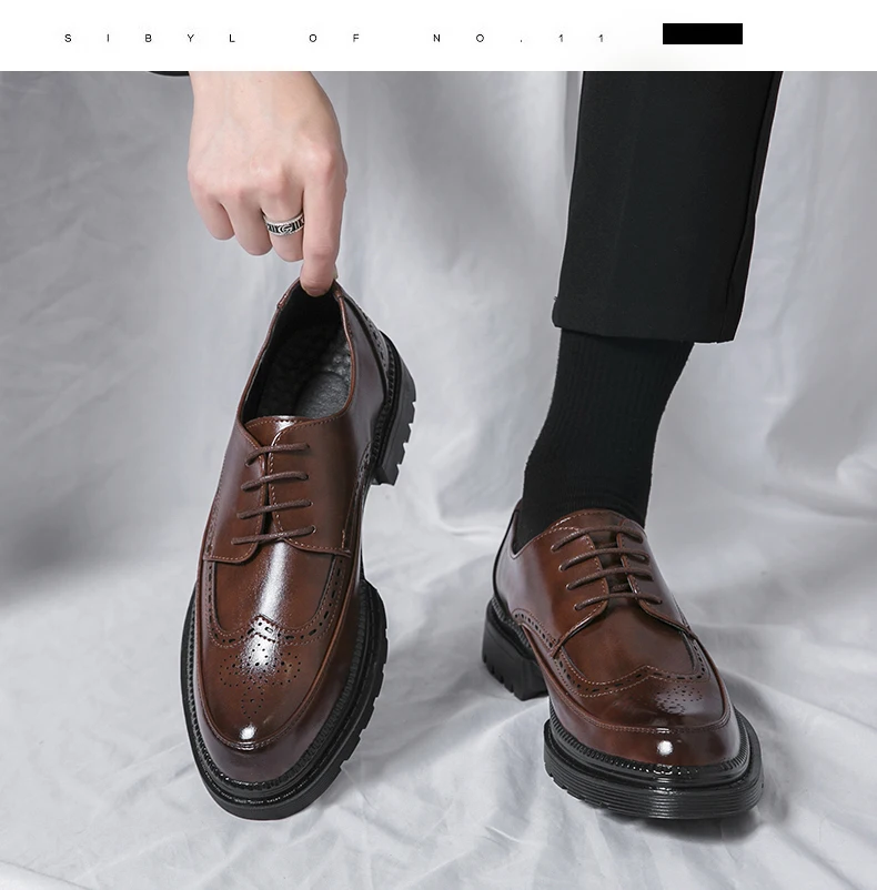 New Leather Shoes for Young Men British Brock Formal Business Increase Casual Black Wedding Groom Lace-Up Men's Shoes