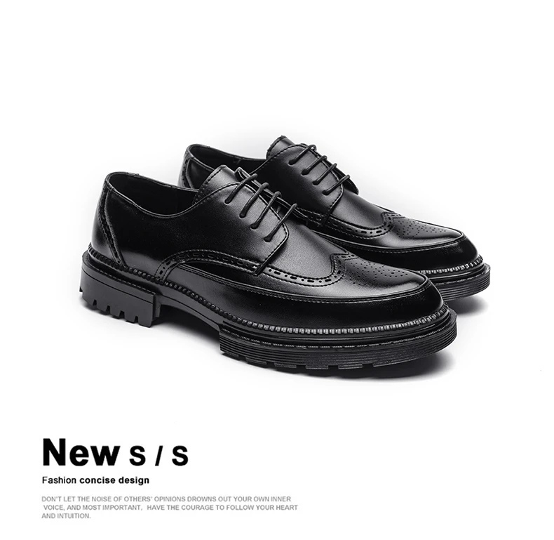 New Leather Shoes for Young Men British Brock Formal Business Increase Casual Black Wedding Groom Lace-Up Men's Shoes