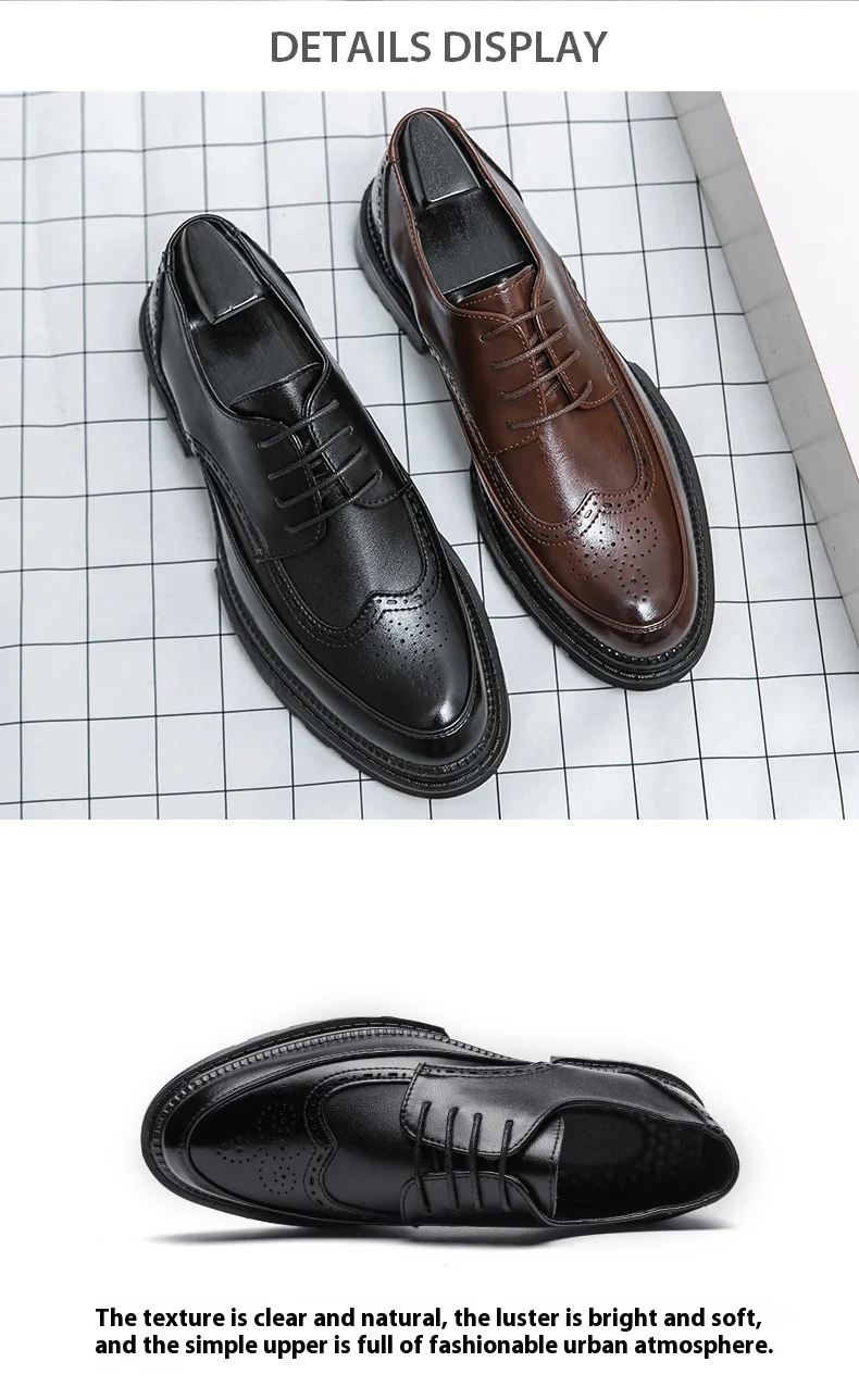 New Leather Shoes for Young Men British Brock Formal Business Increase Casual Black Wedding Groom Lace-Up Men's Shoes