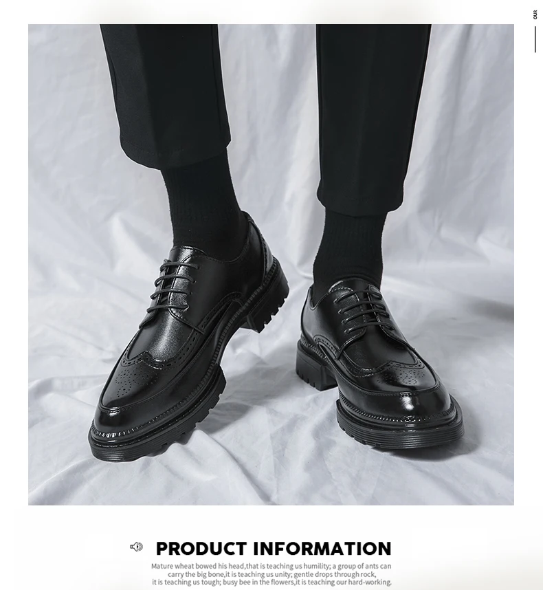 New Leather Shoes for Young Men British Brock Formal Business Increase Casual Black Wedding Groom Lace-Up Men's Shoes