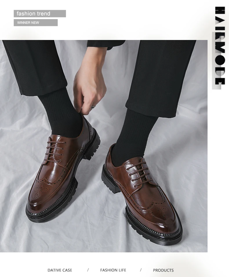 New Leather Shoes for Young Men British Brock Formal Business Increase Casual Black Wedding Groom Lace-Up Men's Shoes