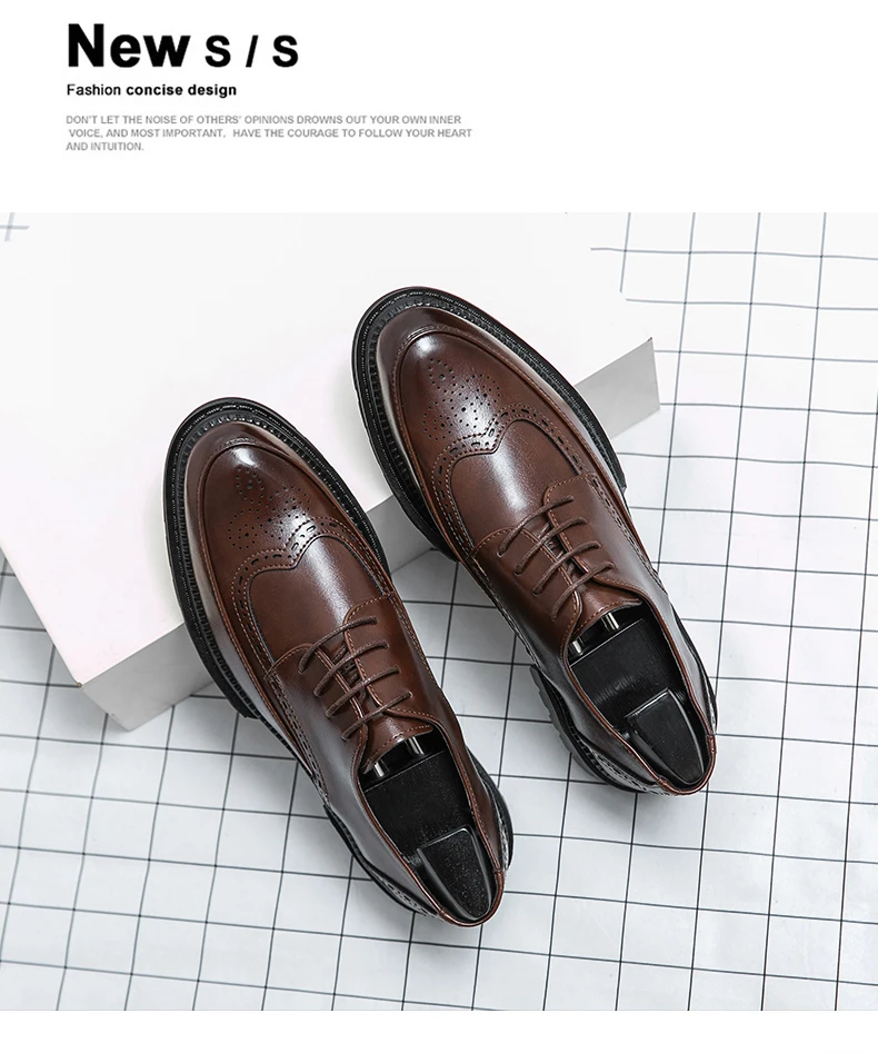 New Leather Shoes for Young Men British Brock Formal Business Increase Casual Black Wedding Groom Lace-Up Men's Shoes