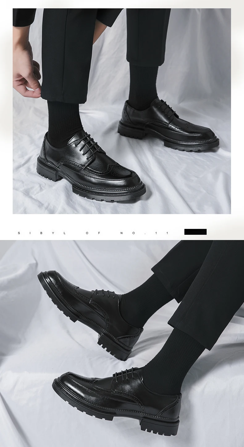New Leather Shoes for Young Men British Brock Formal Business Increase Casual Black Wedding Groom Lace-Up Men's Shoes