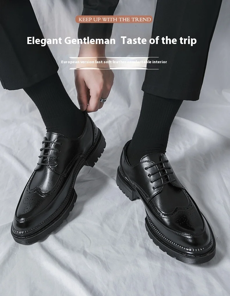New Leather Shoes for Young Men British Brock Formal Business Increase Casual Black Wedding Groom Lace-Up Men's Shoes
