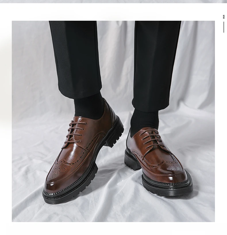 New Leather Shoes for Young Men British Brock Formal Business Increase Casual Black Wedding Groom Lace-Up Men's Shoes
