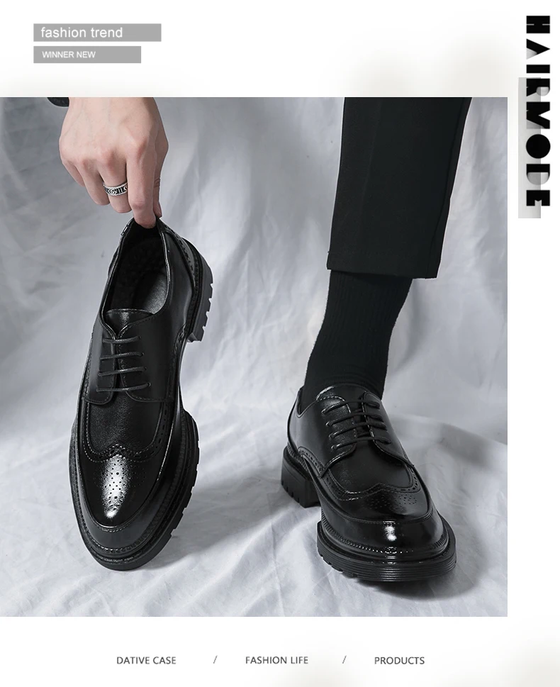 New Leather Shoes for Young Men British Brock Formal Business Increase Casual Black Wedding Groom Lace-Up Men's Shoes
