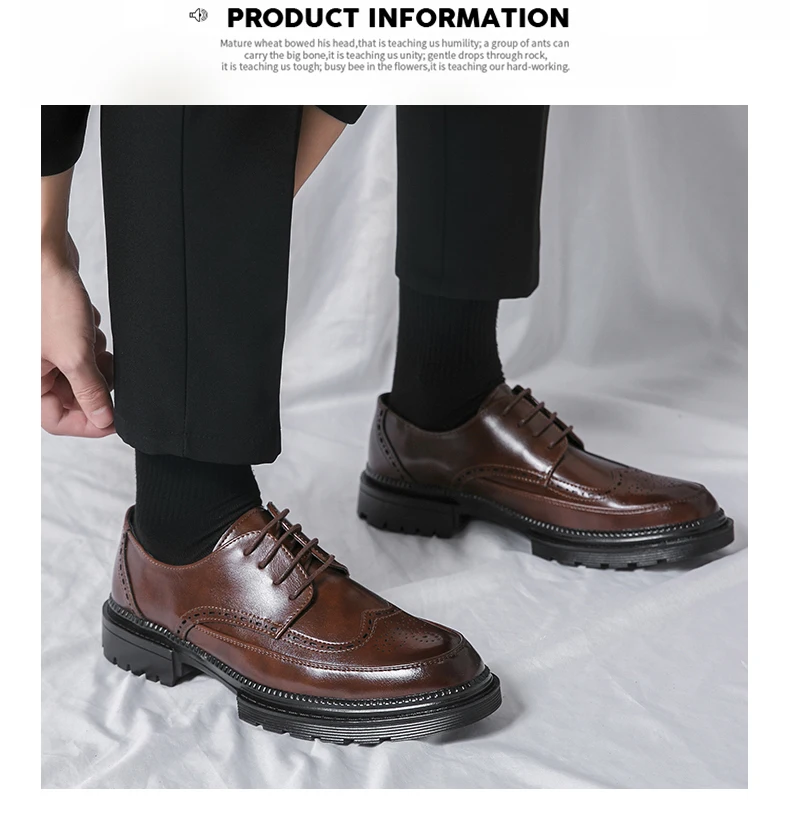 New Leather Shoes for Young Men British Brock Formal Business Increase Casual Black Wedding Groom Lace-Up Men's Shoes