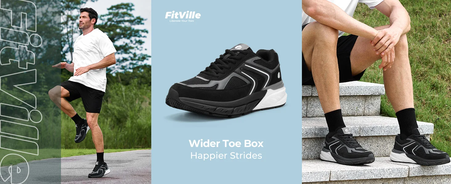 FitVille Extra Wide Shoes For Men Wide Walking Shoes Wide Width Casual Sneakers Comfortable Orthopedic Shoe Arch Support Lightweight For Swollen Feet Plantar Fasciitis Neuropathy