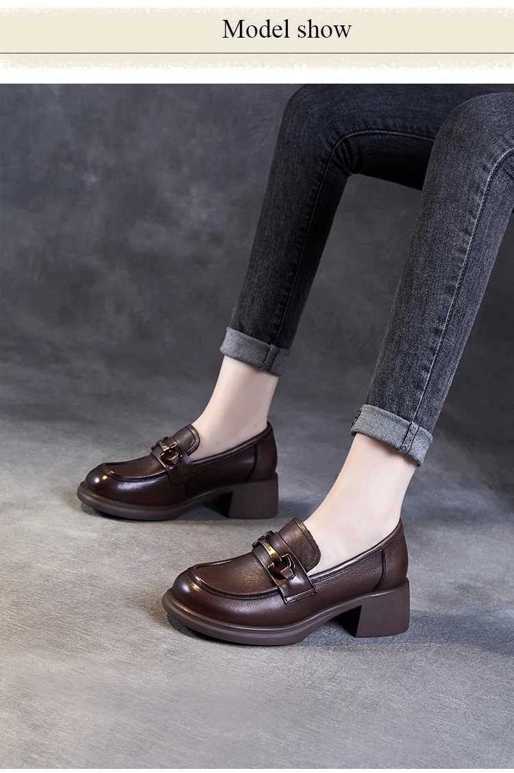 DRKANOL Ladies Loafers Luxury Design Genuine Leather Metal Slip On Thick Heel Casual Loafers Round Toe Retro Women Casual Shoes