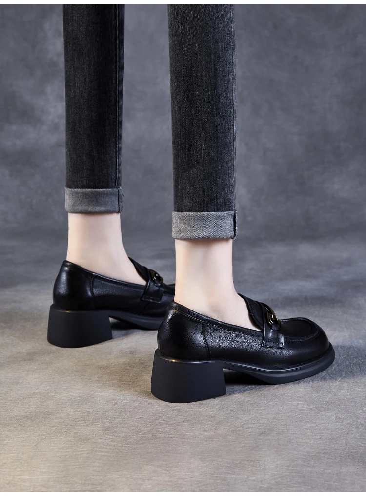 DRKANOL Ladies Loafers Luxury Design Genuine Leather Metal Slip On Thick Heel Casual Loafers Round Toe Retro Women Casual Shoes