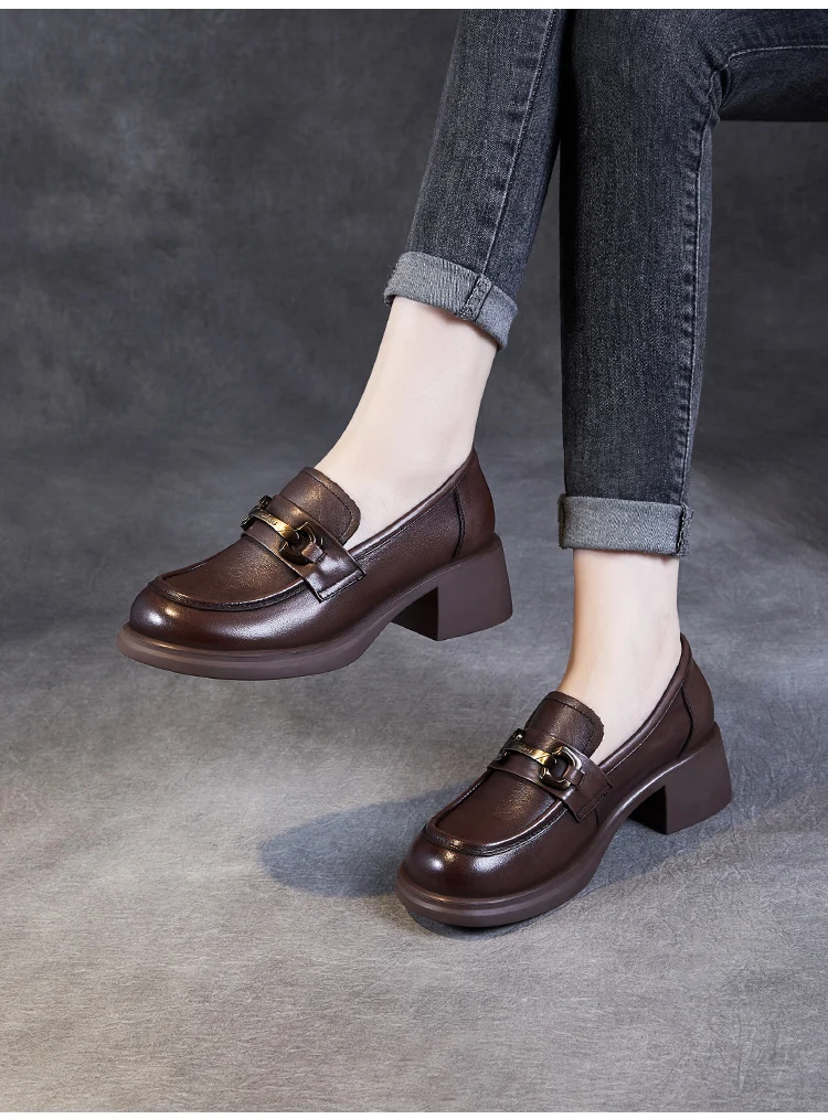 DRKANOL Ladies Loafers Luxury Design Genuine Leather Metal Slip On Thick Heel Casual Loafers Round Toe Retro Women Casual Shoes