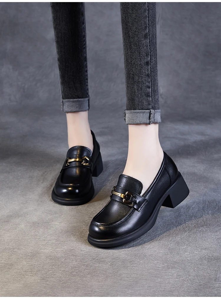 DRKANOL Ladies Loafers Luxury Design Genuine Leather Metal Slip On Thick Heel Casual Loafers Round Toe Retro Women Casual Shoes
