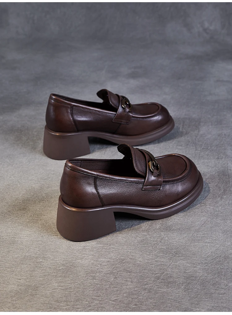 DRKANOL Ladies Loafers Luxury Design Genuine Leather Metal Slip On Thick Heel Casual Loafers Round Toe Retro Women Casual Shoes