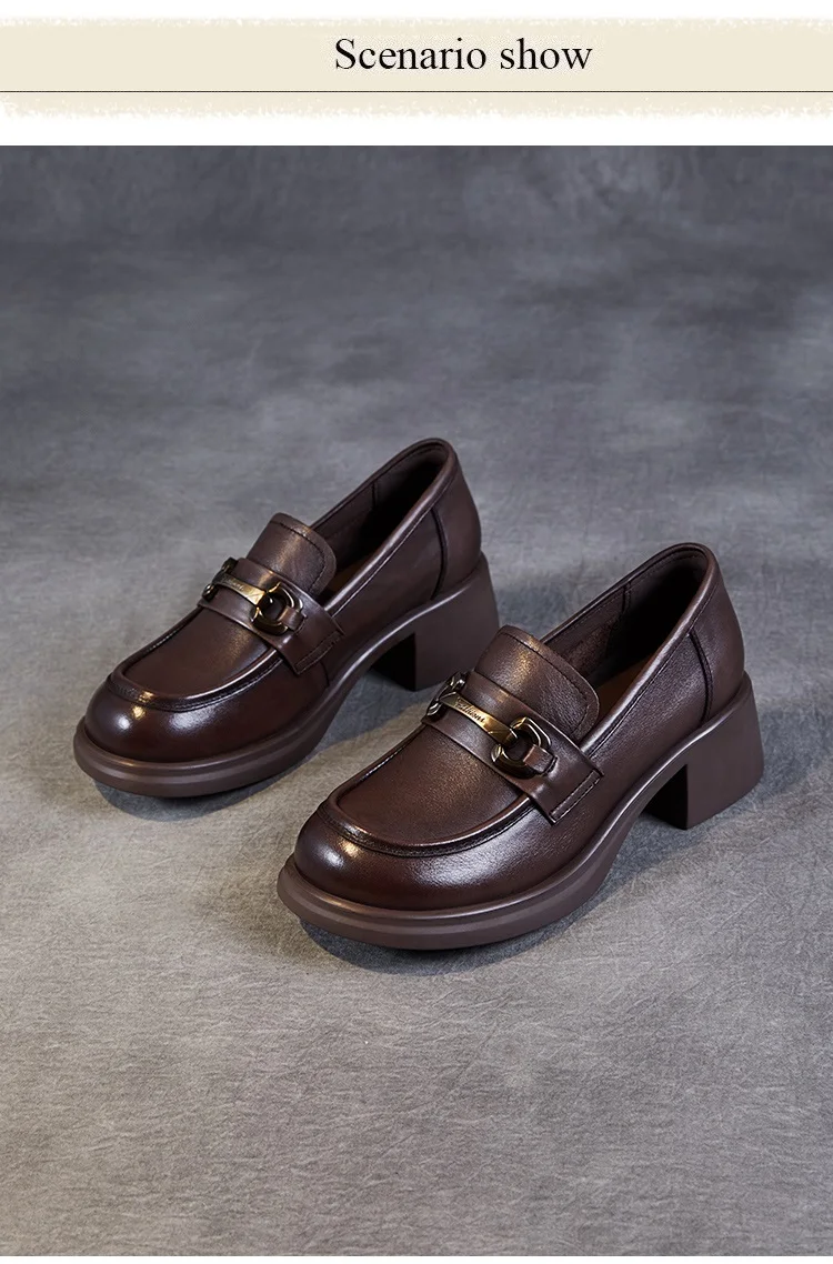 DRKANOL Ladies Loafers Luxury Design Genuine Leather Metal Slip On Thick Heel Casual Loafers Round Toe Retro Women Casual Shoes
