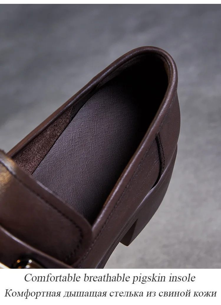 DRKANOL Ladies Loafers Luxury Design Genuine Leather Metal Slip On Thick Heel Casual Loafers Round Toe Retro Women Casual Shoes