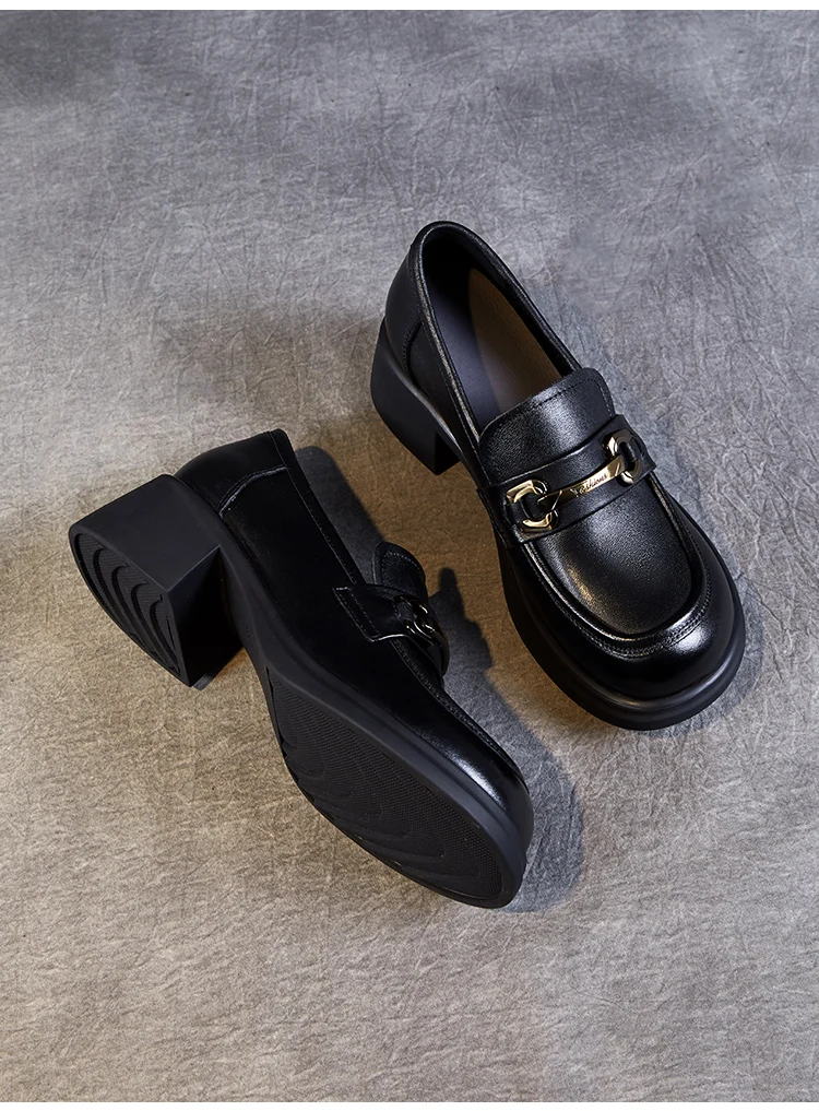 DRKANOL Ladies Loafers Luxury Design Genuine Leather Metal Slip On Thick Heel Casual Loafers Round Toe Retro Women Casual Shoes