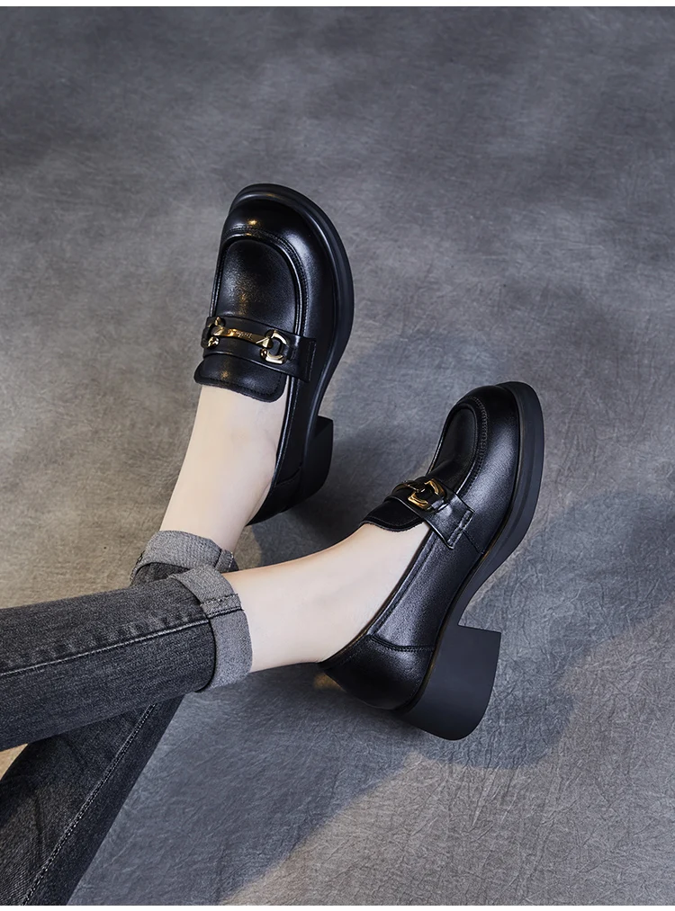 DRKANOL Ladies Loafers Luxury Design Genuine Leather Metal Slip On Thick Heel Casual Loafers Round Toe Retro Women Casual Shoes