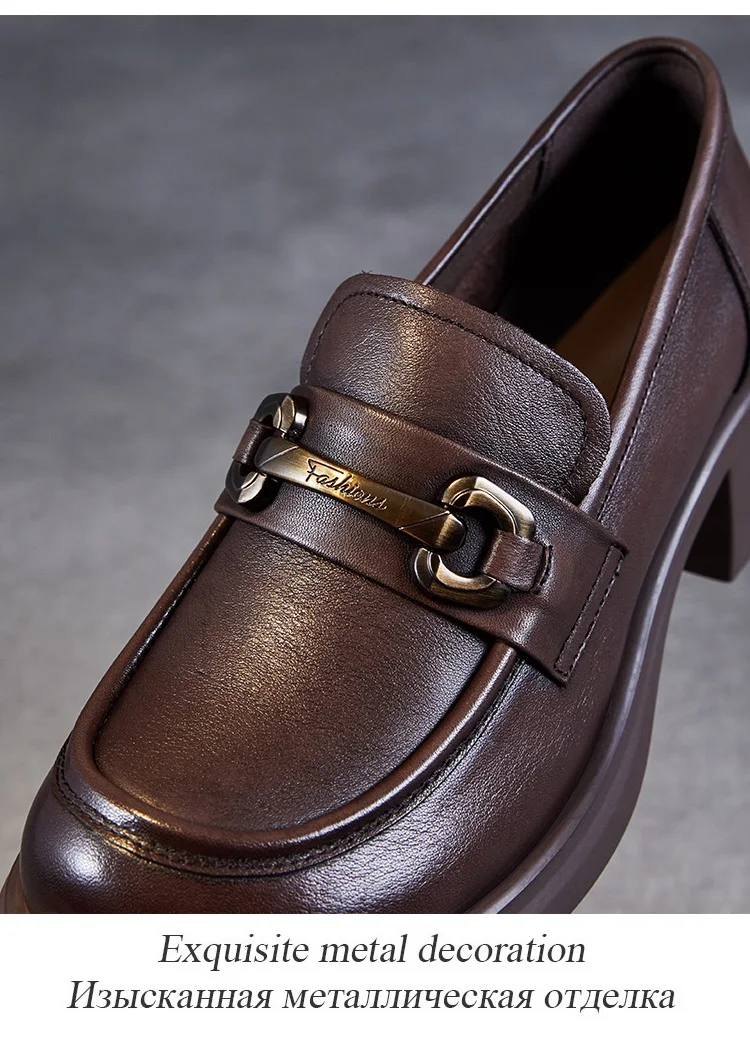 DRKANOL Ladies Loafers Luxury Design Genuine Leather Metal Slip On Thick Heel Casual Loafers Round Toe Retro Women Casual Shoes