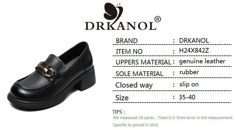DRKANOL Ladies Loafers Luxury Design Genuine Leather Metal Slip On Thick Heel Casual Loafers Round Toe Retro Women Casual Shoes