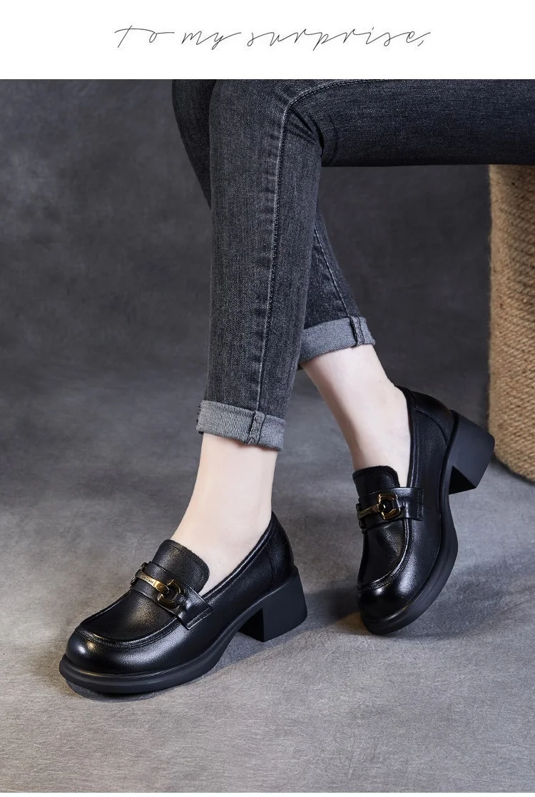 DRKANOL Ladies Loafers Luxury Design Genuine Leather Metal Slip On Thick Heel Casual Loafers Round Toe Retro Women Casual Shoes