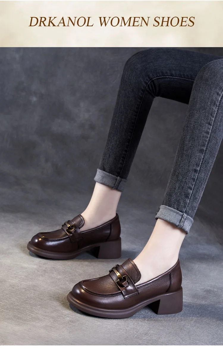 DRKANOL Ladies Loafers Luxury Design Genuine Leather Metal Slip On Thick Heel Casual Loafers Round Toe Retro Women Casual Shoes