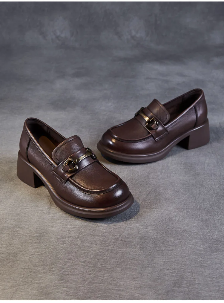 DRKANOL Ladies Loafers Luxury Design Genuine Leather Metal Slip On Thick Heel Casual Loafers Round Toe Retro Women Casual Shoes