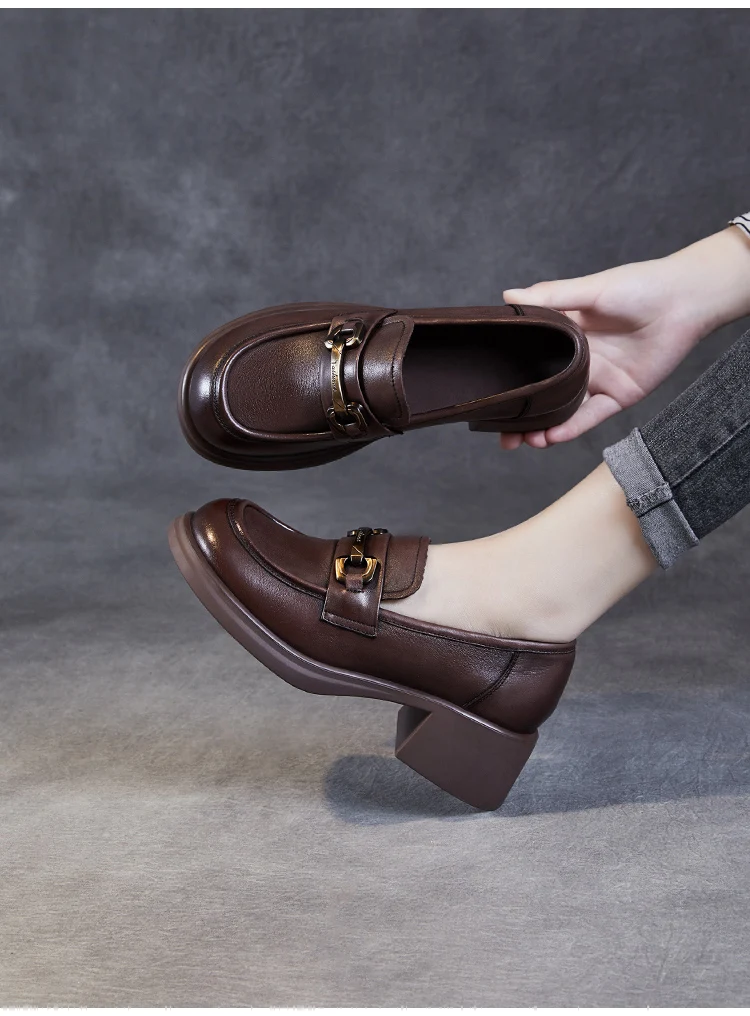 DRKANOL Ladies Loafers Luxury Design Genuine Leather Metal Slip On Thick Heel Casual Loafers Round Toe Retro Women Casual Shoes