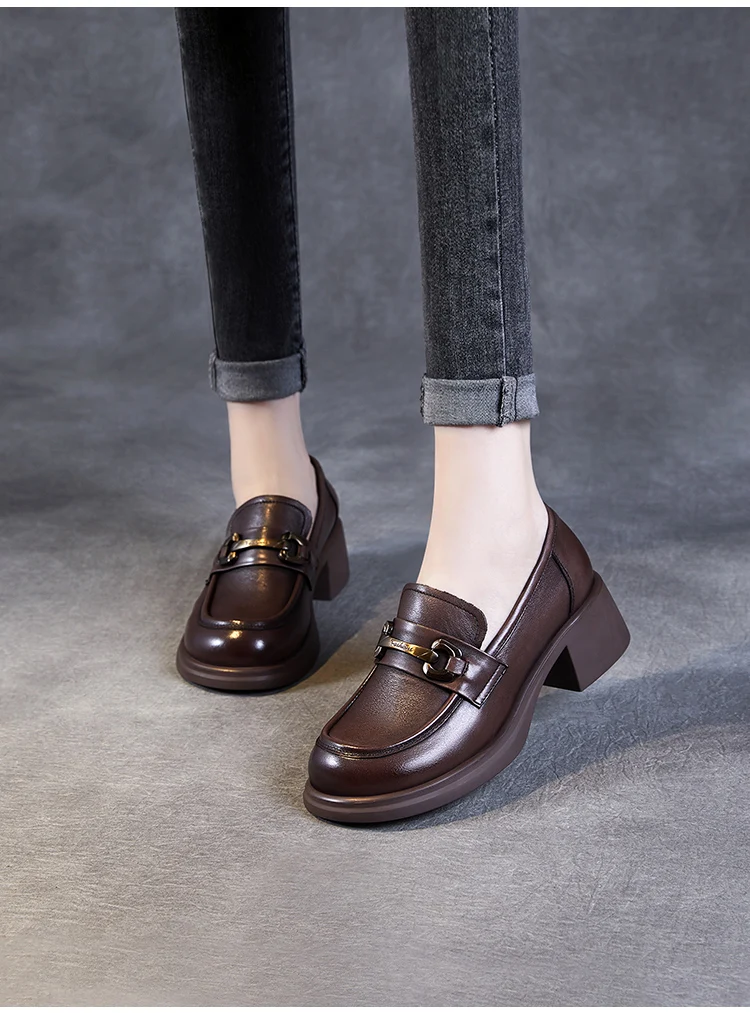 DRKANOL Ladies Loafers Luxury Design Genuine Leather Metal Slip On Thick Heel Casual Loafers Round Toe Retro Women Casual Shoes