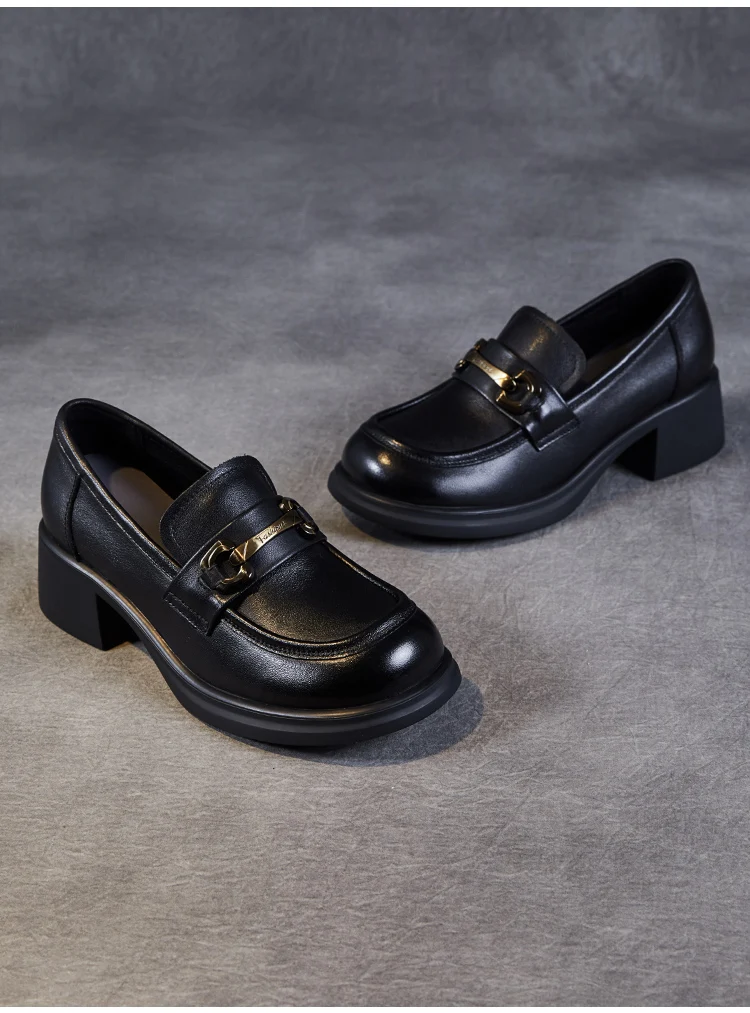 DRKANOL Ladies Loafers Luxury Design Genuine Leather Metal Slip On Thick Heel Casual Loafers Round Toe Retro Women Casual Shoes
