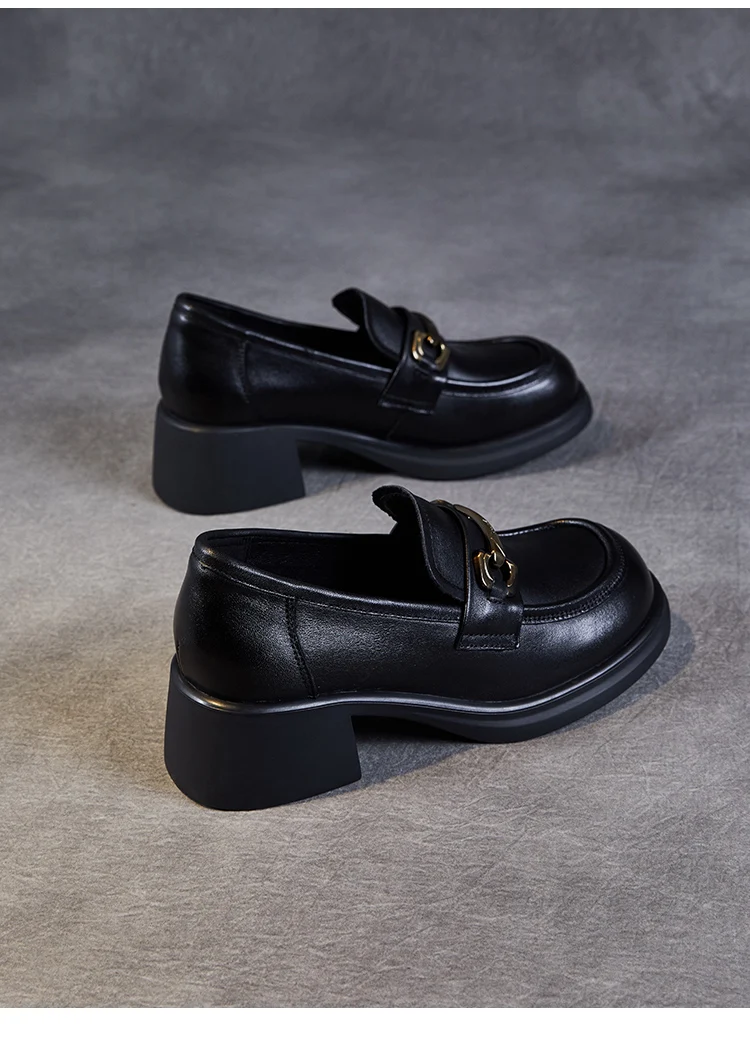 DRKANOL Ladies Loafers Luxury Design Genuine Leather Metal Slip On Thick Heel Casual Loafers Round Toe Retro Women Casual Shoes