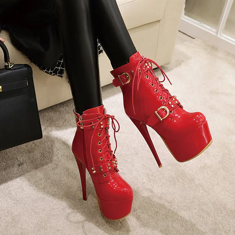 Sgesvier 2021 Women Winter Ankle Boots Stiletto Heels Boots Round Toe Gorgeous Black White Red Club Shoes Women Plus Size 48