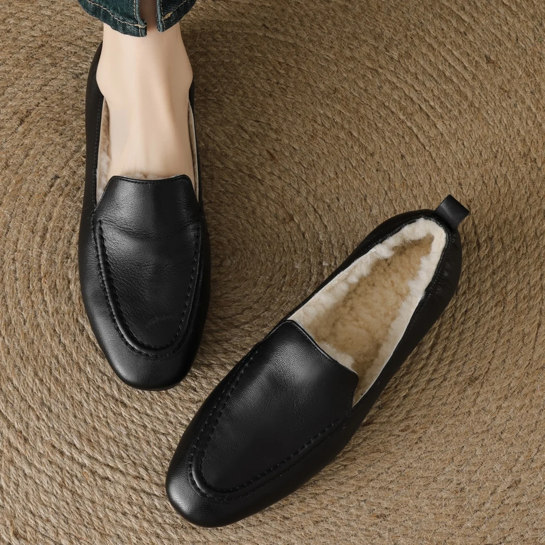 Loafers women's sheepskin wool inside slip-on flats moccasins warm winter cold weather casual espadrilles shoes for woman 2024