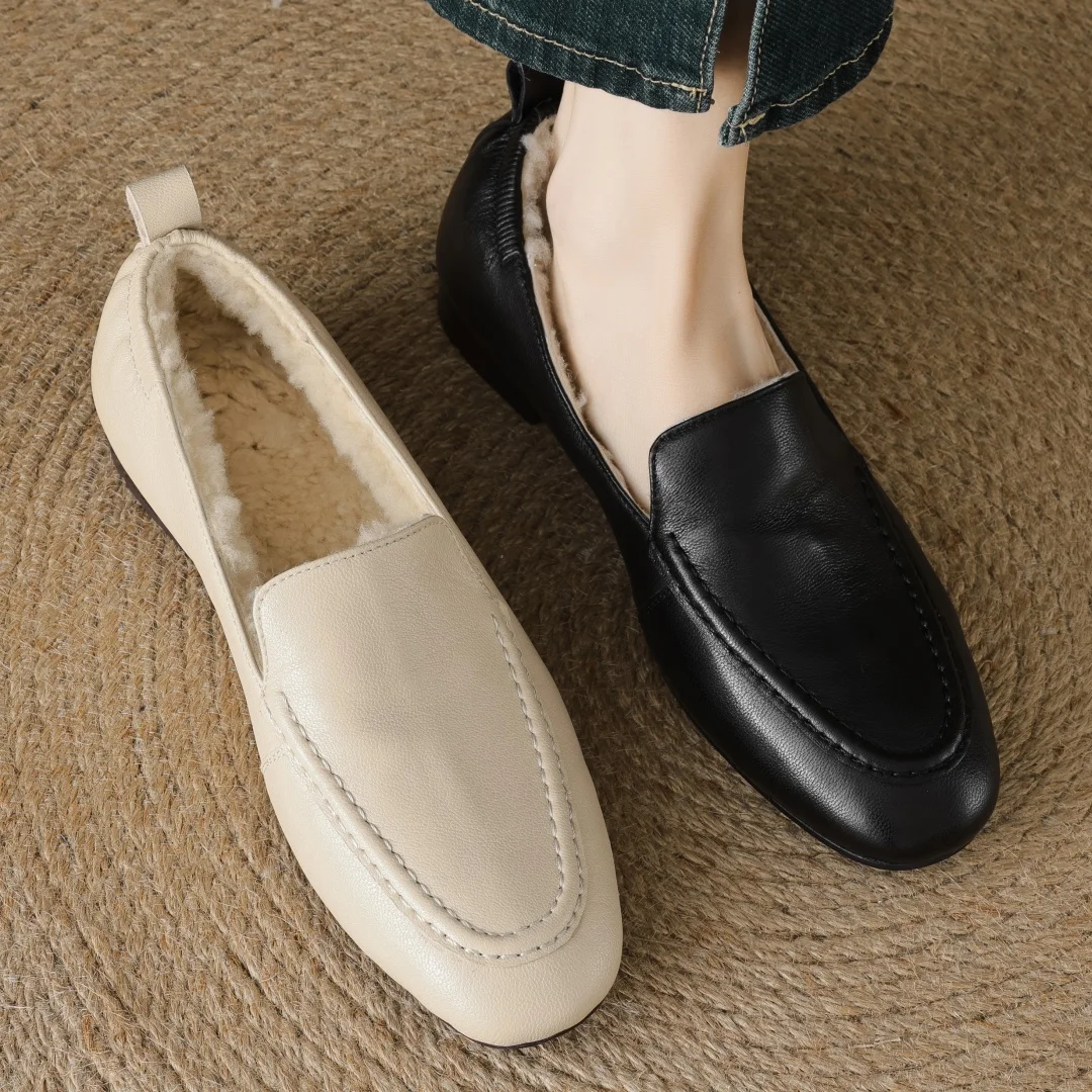 Loafers women's sheepskin wool inside slip-on flats moccasins warm winter cold weather casual espadrilles shoes for woman 2024