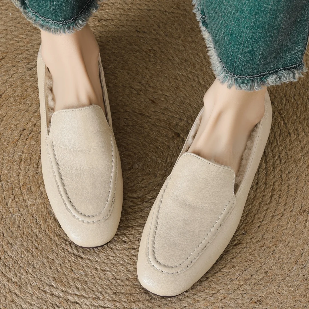 Loafers women's sheepskin wool inside slip-on flats moccasins warm winter cold weather casual espadrilles shoes for woman 2024