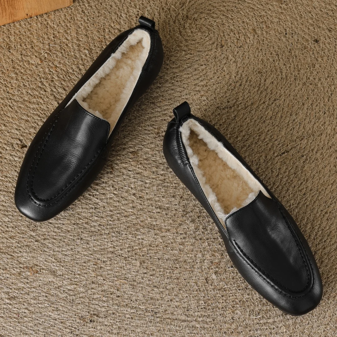 Loafers women's sheepskin wool inside slip-on flats moccasins warm winter cold weather casual espadrilles shoes for woman 2024