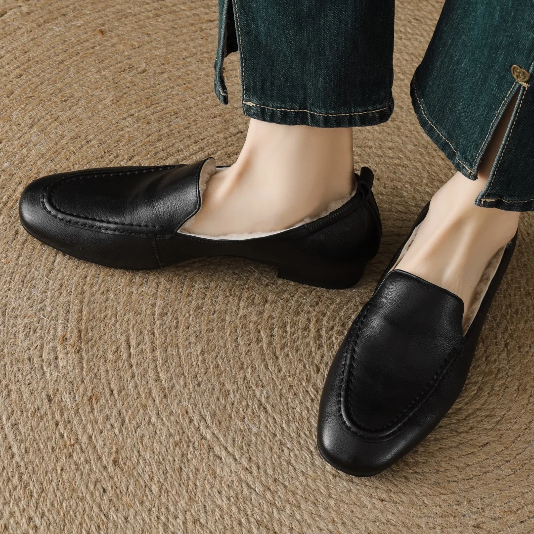 Loafers women's sheepskin wool inside slip-on flats moccasins warm winter cold weather casual espadrilles shoes for woman 2024